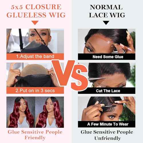 GABRIELLE 32 Inch Glueless Wig Body Wave Lace Front Human Hair Wigs 1B/99J Burgundy 5x5 HD Lace Closure Wigs 180 Density Pre Plucked Pre Cut Lace Virgin Human Hair Wigs for Women