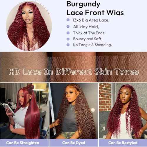 Estilar 99j Burgundy Deep Wave Lace Front Wigs Human Hair 200 Density 13x6 HD Lace Frontal Wigs Pre Plucked Deep Curly Glueless Wigs Human Hair with Baby Hair for Women Red Color 32 Inch