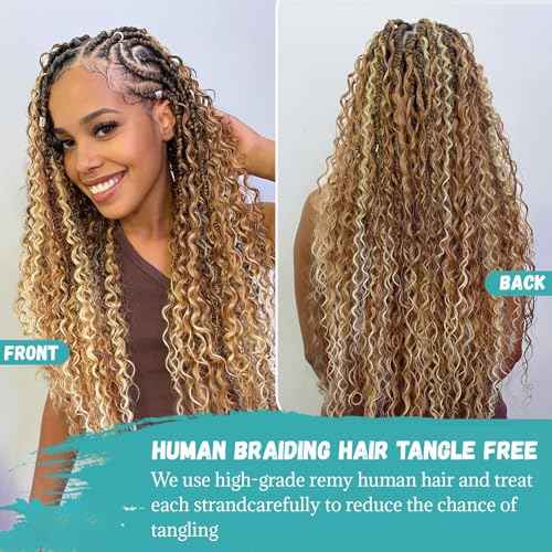 Blonde Colored Human Hair Braiding Hair Wet and Wavy Bulk Boho Hair for Braiding 150G Long 30 Inch No Weft Knotless Wet and Wavy Bundles Real Human Hair Extensions 3 Braids/Pack