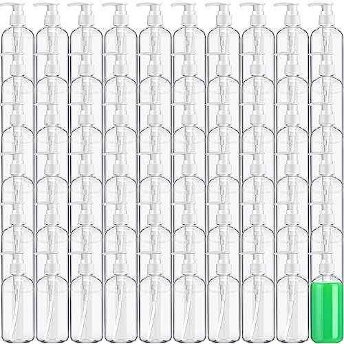 Gerrii 60 Pcs 8 oz/ 250 ml Plastic Empty Pump Bottles Lotion Clear Refillable Plastic Bottles with Pumps Dispenser Portable Travel Container for Body Wash, Liquid Soap, Massage Oil(White Pump)
