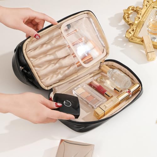 Makeup Bag, Large Double Layer Waterproof Travel Bag with Handle and Brush Compartment for Women (Black)