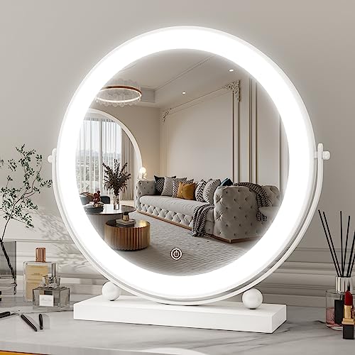 ROLOVE 13 Inch Vanity Mirror with Lights, Round Make Up Mirror with Lighting, LED Mirror Makeup Mirror with Lights for Bedroom Tabletop, Smart Touch Control, 360¡Æ Rotation (White)