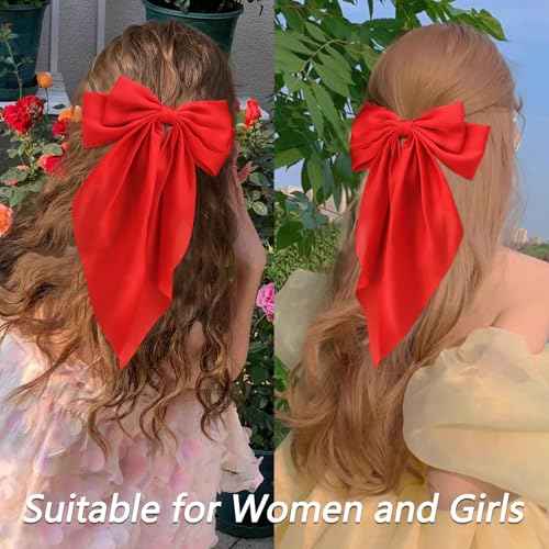 Velscrun Red Hair Bows for Women Girls, Silky Satin Large Coquette Hair Bow, Oversized Hair Ribbons 4Pcs Big Bows Clip Long Tail Bowknot Hair Barrettes Halloween Christmas Bow Hair Accessories