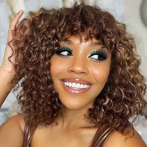 12" Highlights Curly Human Hair Wig with Bangs Short Curly Bob Wigs for Black Women Water Wave Human Hair Wig with Bangs Blonde Highlight Curly Wigs Wear and Go None Lace Front Glueless Wig F4/27