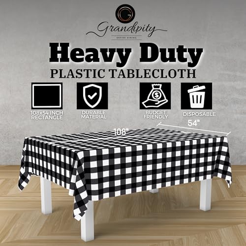 Grandipity Black Checkered Gingham 12 Pack Premium Disposable Plastic Tablecloth 54 Inch. x 108 Inch. Decorative Rectangle Checkered Racing Flag Table Cover