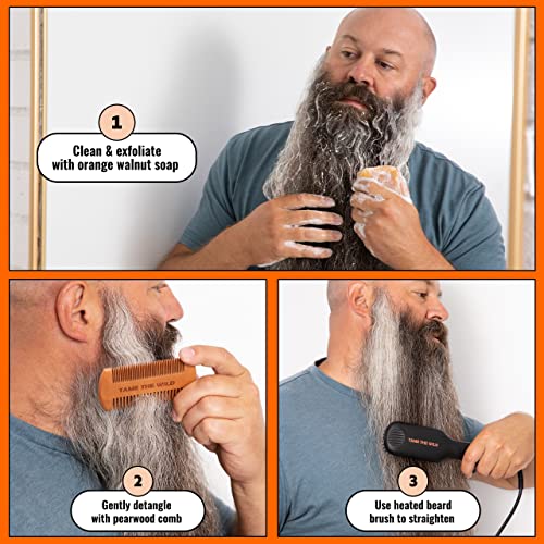 TAME THE WILD MAKE YOUR BEARD BEHAVE Beard Straightener for Men Kit - Includes Portable Heated Beard Brush, Beard Soap, Pearwood Comb, & Storage Case