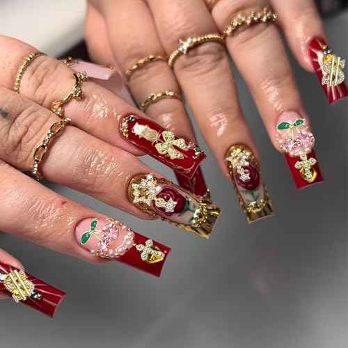 106 PCS Gold Nail Charms 3D Nail Art Charms Cherry Butterfly Cross Bow Star Heart Dollar 3D Nail Gems for Women Nail Art DIY Design