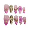 Hanakoko Press on Nails Handmade Nails 3D Press on Nails Short Medium Oval Almond Nails Fake Nails Glitter Cat Eye Nails Gel Nails Durable Reusable False Nails 10 Pcs (Gold Plum, S)