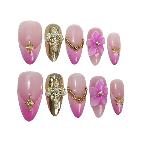 Hanakoko Press on Nails Handmade Nails 3D Press on Nails Short Medium Oval Almond Nails Fake Nails Glitter Cat Eye Nails Gel Nails Durable Reusable False Nails 10 Pcs (Gold Plum, S)
