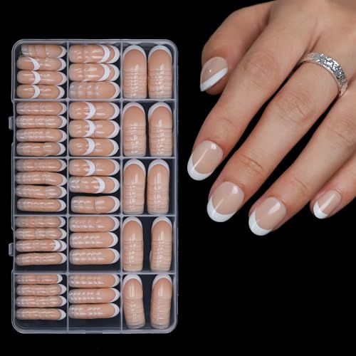Anyos 300Pcs French Tip Press-On Nails, Short Oval Fake Nails 15 Sizes
