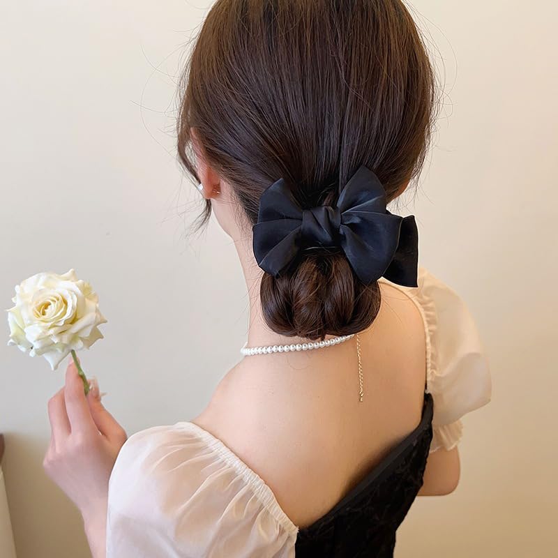 Black Hair Accessories: Silky Satin Banana Hair Clips, Ponytail Holders, Claw Clips, Bun Decorations with Large Bow Knot Barrettes for Women and Girls