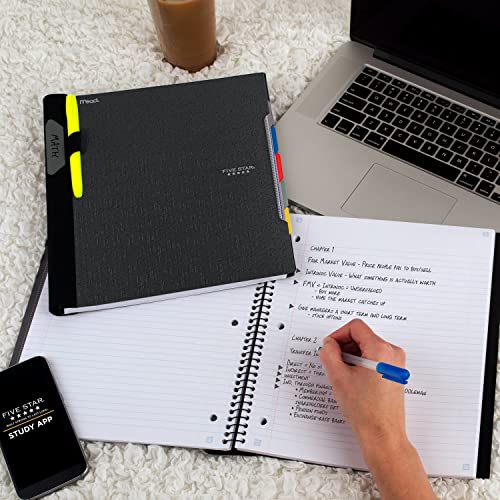 Five Star Spiral Notebook + Study App, 5 Subject, College Ruled Paper, Advance Notebook with Spiral Guard, Movable Tabbed Dividers and Expanding Pockets, 8-1/2" x 11", 200 Sheets, Black (73144)