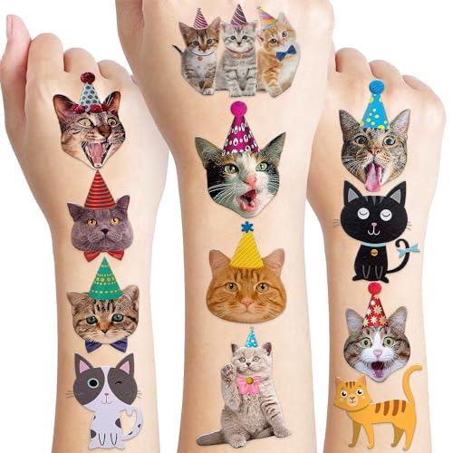 96 PCS Funny Cat Pre-cut Temporary Tattoos Sticker Pet Animal Cats Themed Birthday Party Supplies Decorations Decor Favors Game Gifts Girls Boys Baby Showers Cute Fake Tattoo School Reward Home