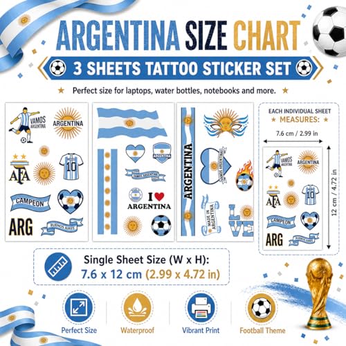 Argentina Flag Temporary Tattoos for World Cup 2026 Soccer Fans