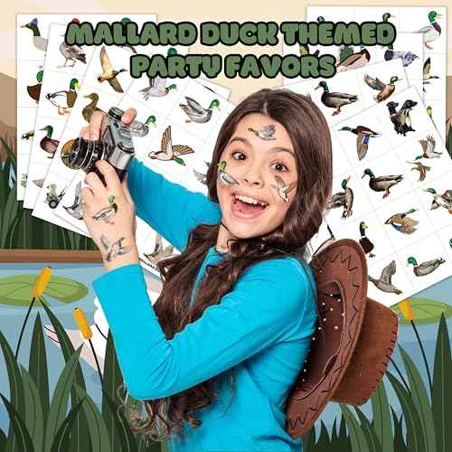 Generic 96 PCS Mallard Duck Birthday Party Decorations Party Favors Supplies Decor Cute Hunting Duck Temporary Tattoo Stickers Gifts for Kids Classroom Prizes Rewards, White, Grey