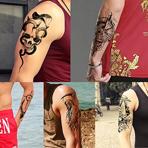 GLARYYEARS Temporary Tattoo for Adults, 24-Pack Large Creative Realistic Tattoos, Black Design Variety Pack Fake Tattoo Stickers for Women Men Body Arm, Long-lasting Snake Skull Tattoos for Halloween