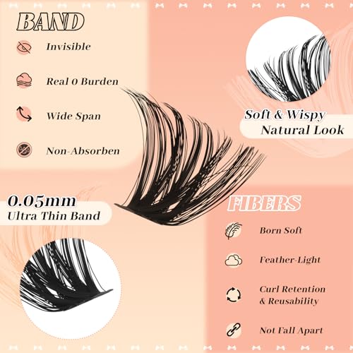 GEMERRY 565Pcs Lash Clusters D Curl Volume Eyelashes Clusters Extensions with Thin Band for DIY at home (30D+40D+50D+60D+80D+100D, 8-16mm)