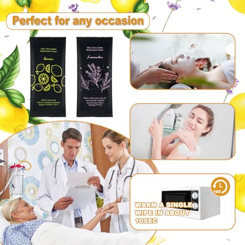 Twoworld Lavender & Lemon Moist Cotton Towelettes - 100 Pack, Individually Wrapped, Hot & Cold Use