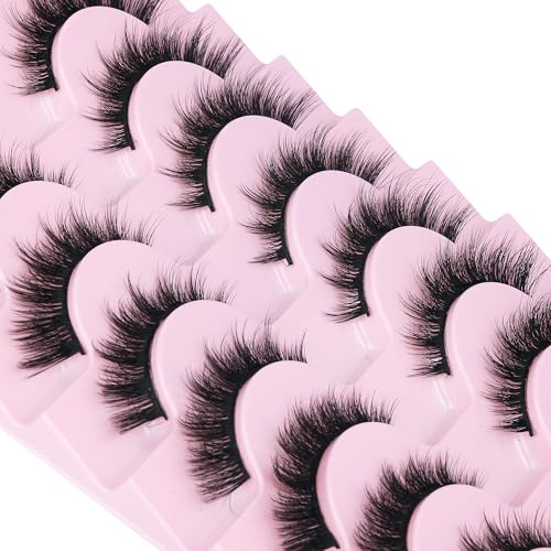 False Eyelashes Cat-Eye Look Wispy Lashes 15mm 3D Manga Lashes Natural Look D Curl 10 Pairs Pack Faux Mink Lashes