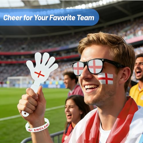 England Soccer Fan Gear Set - 6-Piece Supporter Kit with Flag, Scarf, Face Paint, Glasses, Bracelet & Clapper
