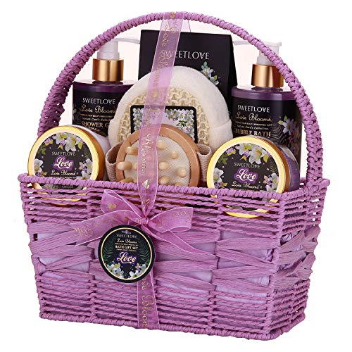 Spa Gift Basket for Women, Bath and Body Gift Set for her, Luxury 8 Piece,Lily & Lilac Scent,Best Gift for Mother's Day, Birthday, Christmas