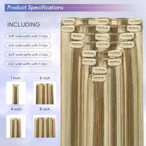 Blonde Clip in Hair Extensions Real Human Hair, 26 Inch 130g Natural Human Hair, Remy Human Hair Extensions Cip ins for Women 8pcs Per Set #16/22 Light Blonde Highlighted Golden Blonde