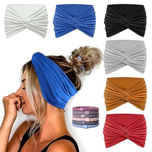 GiLi Wide Headbands for Women Non Slip 7” Extra Large Turban Stretchy Elastic Soft Hair Wraps Twisted Knotted Fashion Head Bands for Woman’s Hair Accessories,6 Pack Headbands with 6 Pcs Hair Ties