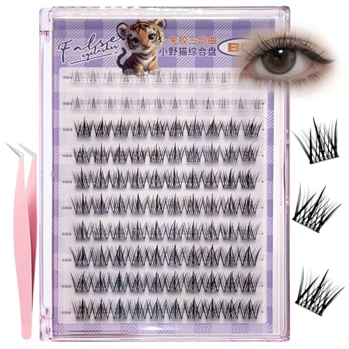 120 Pcs Self Adhesive Eyelashes Asian lashes Extension 11-13mm DIY Eyelashes No Glue with Tweezers Gift for Women International Students(D 11-13mm+lower eyelashes)