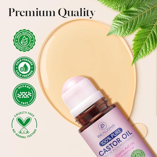 Bealions Castor Oil Rose Quartz Roller Ball 1.7 Fl Oz for Skin & Lash Care