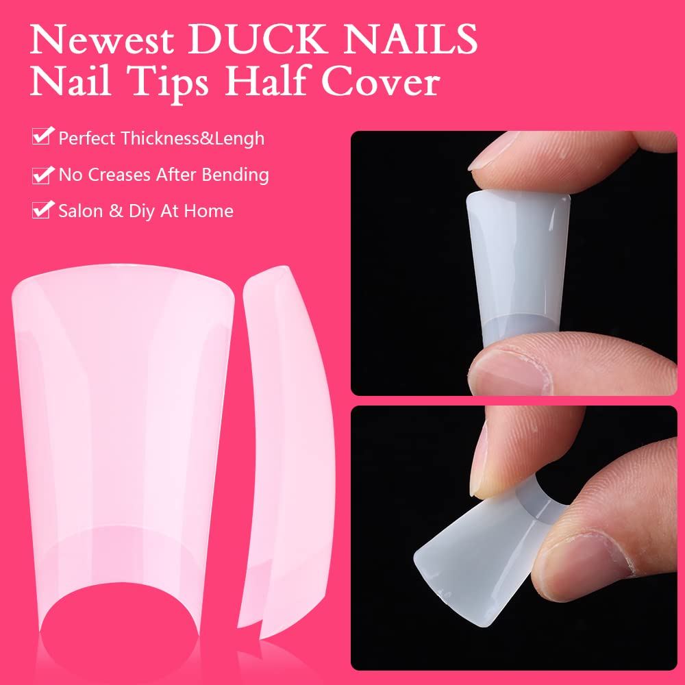 INENK Long Duck Fan Flare Nail Tips, 500PCS Clear Natural Crystal Duck Feet Styel for Wide French False Nail Extension, Half Cover Acrylic Nails Professional for Y2K-inspired Designs(10 Size Natural)