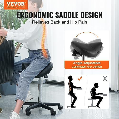 VEVOR Adjustable Saddle Stool with Wheels, 400 lbs Capacity, PU Leather Salon Chair