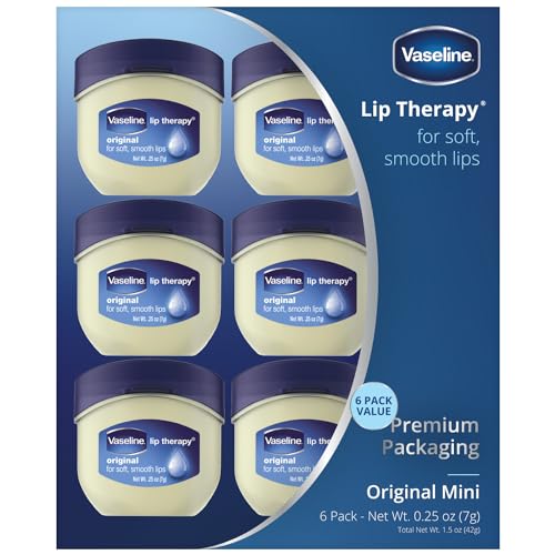 Vaseline Lip Therapy Original – Mini Vaseline Lip Balm, Hydrating Petroleum Jelly, Clear Lip Gloss, Travel-Size, 0.25 Oz Ea (Pack of 6)