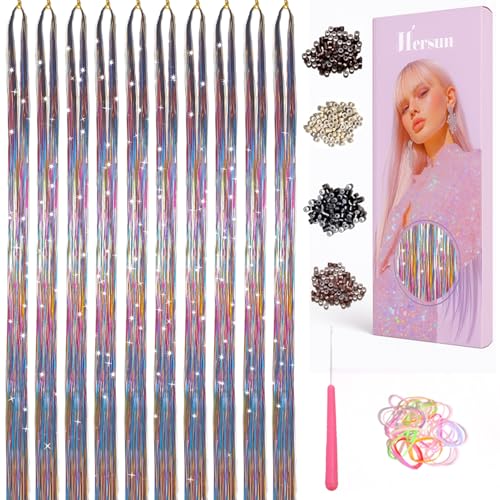HERSUN Tricolor Hair Tinsel Kit 10 Packs 3000 Strands 48in