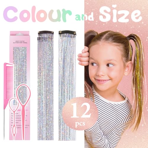 Silver Hair Tinsel Clips, 12-Pack Glitter Extensions, 24 Inch
