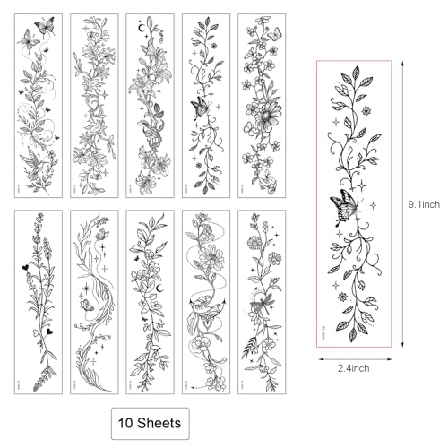 Floral Temporary Tattoos Long Black Butterfly Wild Flower Waterproof Fake Tattoos 10 Sheets Body Art Stickers for Women(Black flowers-10A)