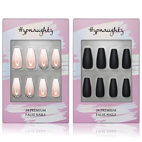 Hypnaughty Press On Nails - Rhinestone & Noir Black Matte Coffin, Trendy & Salon Quality Reusable Nails With Kit