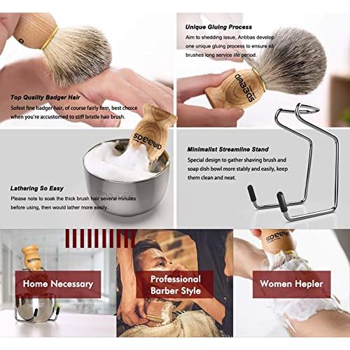 Anbbas Badger Hair Shaving Brush with Wood Handle,Goat Milk Shaving Soap 100g,Stainless Steel Shaving Stand and 2 Layers Shaving Bowl Perfect for Men Gift