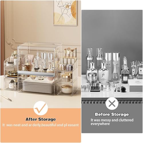 Makeup Organizer for Vanity With Lid, Stackable Cosmetics Organizer and Storage,Dustproof Clear Acrylic Makeup Organizer (Large + Drawer box + Lipstick Organizer)