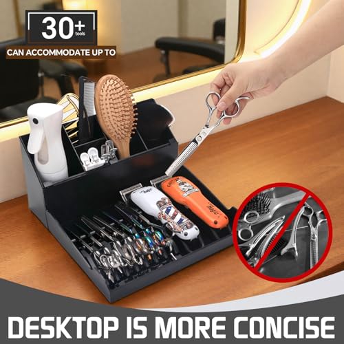 Professional Hair Stylist Storage Box, Black ABS Plastic, Multi-Compartment Organizer with Clipper Holders, Salon Tools Tray Case for Barber Accessories