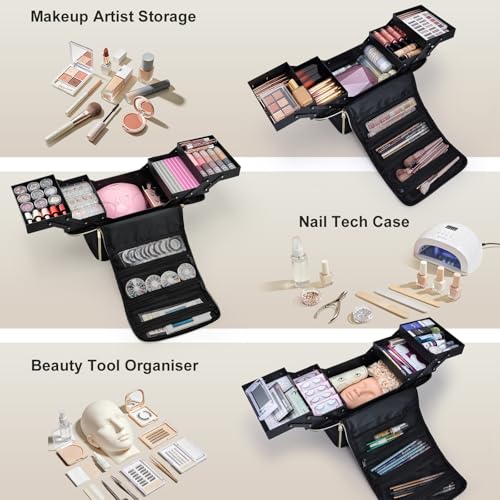 Large 4-Tier Makeup Train Case with Shoulder Strap & Luggage Sleeve