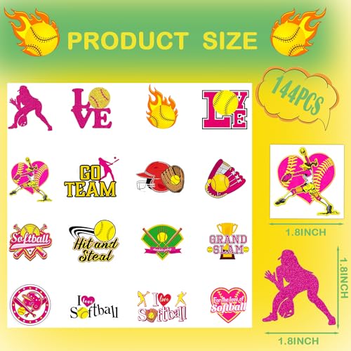 144 Piece Softball Temporary Tattoos Stickers - 16 Styles
