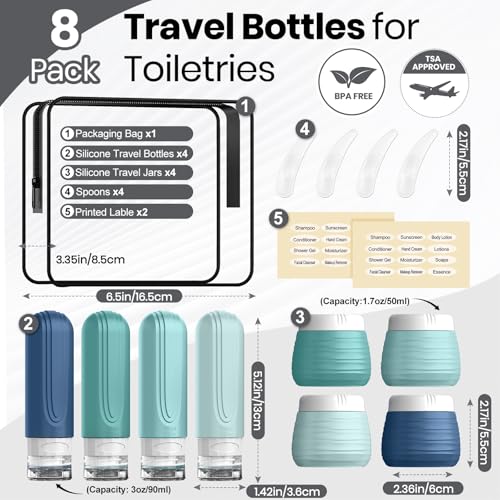 8 Pack TSA Approved Travel Bottles Set - Leak Proof Silicone Containers