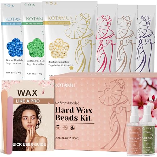 KOTAMU Hard Wax Beads, 6 Packs Waxing Beads for Hair Removal- Facial Bikini Brazilian Leg Sensitive Skin Full Body- Stripless Wax Beans Kit for Coarse & Fine Hair, Ideal for Women Men Home Salon Use