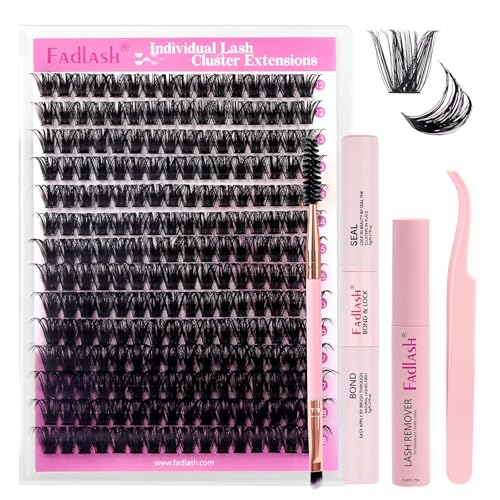 FADLASH DIY Lash Extension Kit Individual Lashes Cluster D Curl Eyelash Extension Kit D Curl Lash Clusters Lash Applicator Tool for Self Application at Home(KIT 100D-D-12-18mm)