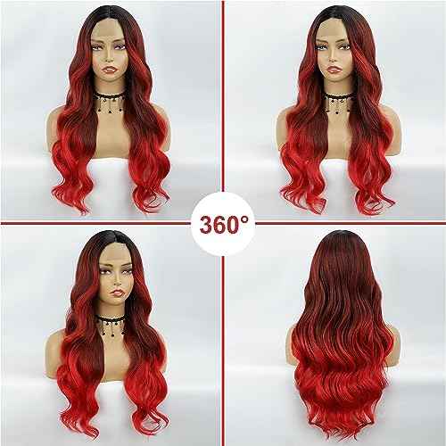 Red Wavy Wig 26 Inch Long Red Ombre Wigs for Women Ombre Red Middle Part Wig Synthetic Heat Resistant for Daily Party Use (Ombre Red 26 Inch)