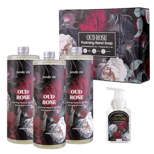 ROMIIE ZOI Foaming Hand Soap Refill Gift Set ? 3 Pack (1000ML Each) with Dispenser ? Ebony Rose Scent ? Gentle & Moisturizing Plant-Based Formula ? Bulk Refill Bottles for Bathroom & Kitchen Use