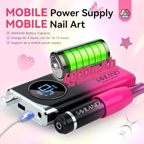 SAVILAND Professional Electric Nail Drill Machine: 40000RPM Rechargeable Nail Drill File with 4000mAh Battery, Ceramic Bit and Sanding Bands for Manicure, Pedicure, Shaping & Acrylic Removal Salon Use
