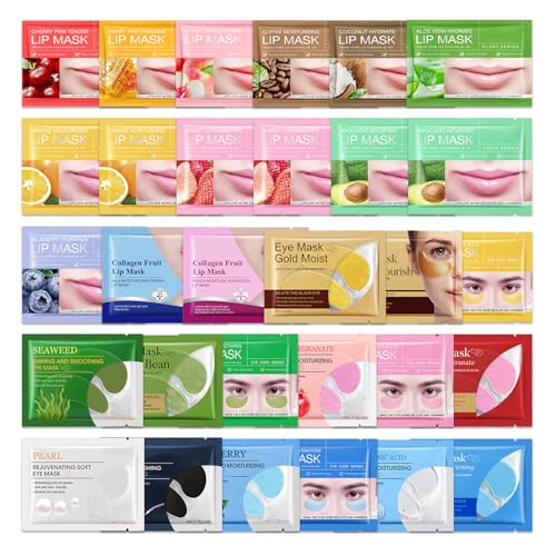15 Pairs of Under Eye Patches and 15 Packs Lip Masks Gift Set,Nourishing Under Eye Masks Bulk for Dark Circles,Moisturizing Lip Patches,Hydrating Travel Eyemasks and Lipmasks for Women and Men
