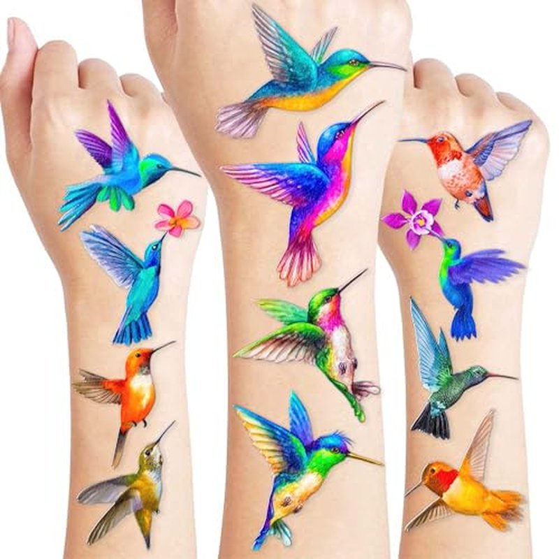 96PCS Colorful Hummingbird Temporary Tattoos Themed Birthday Party Decorations Favors Supplies Decor Spring Flying Nature Bird Tattoo Stickers Gifts For Kids Adults Boys Girls School Prizes Carnival