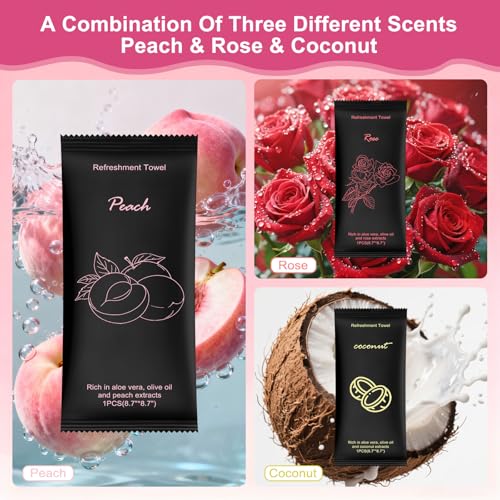 Moist Cotton Towel Bulk Moist Towelettes Individually Wrapped 8.7" x 8.7",White Towel Services,Refreshment Pre Moistened Towels Peach,Rose and Coconut for Sport Party Spa(Pack of 60)